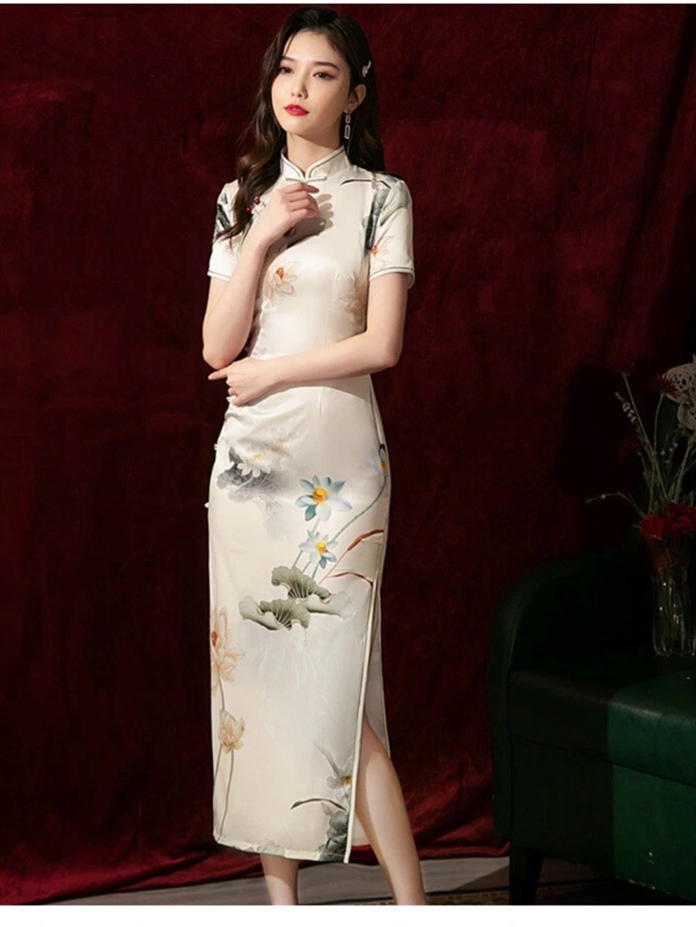 Elegant Cream Floral Midi Cheongsam Dress